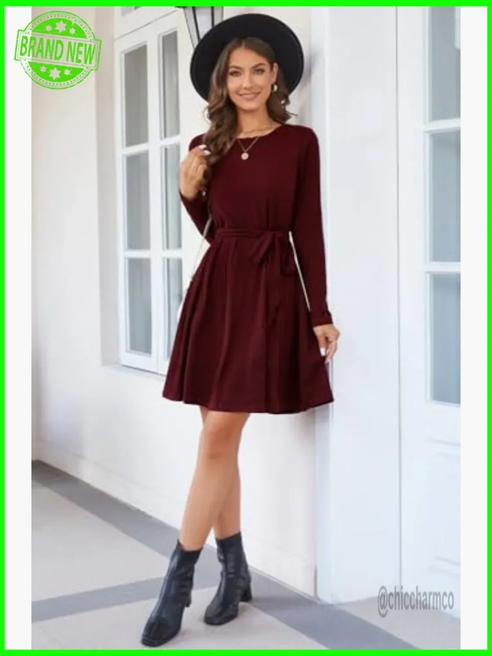 Long Sleeve Knit Sweater Dress with Pockets, Belted Waist, Work Casual - Picture 6 of 7